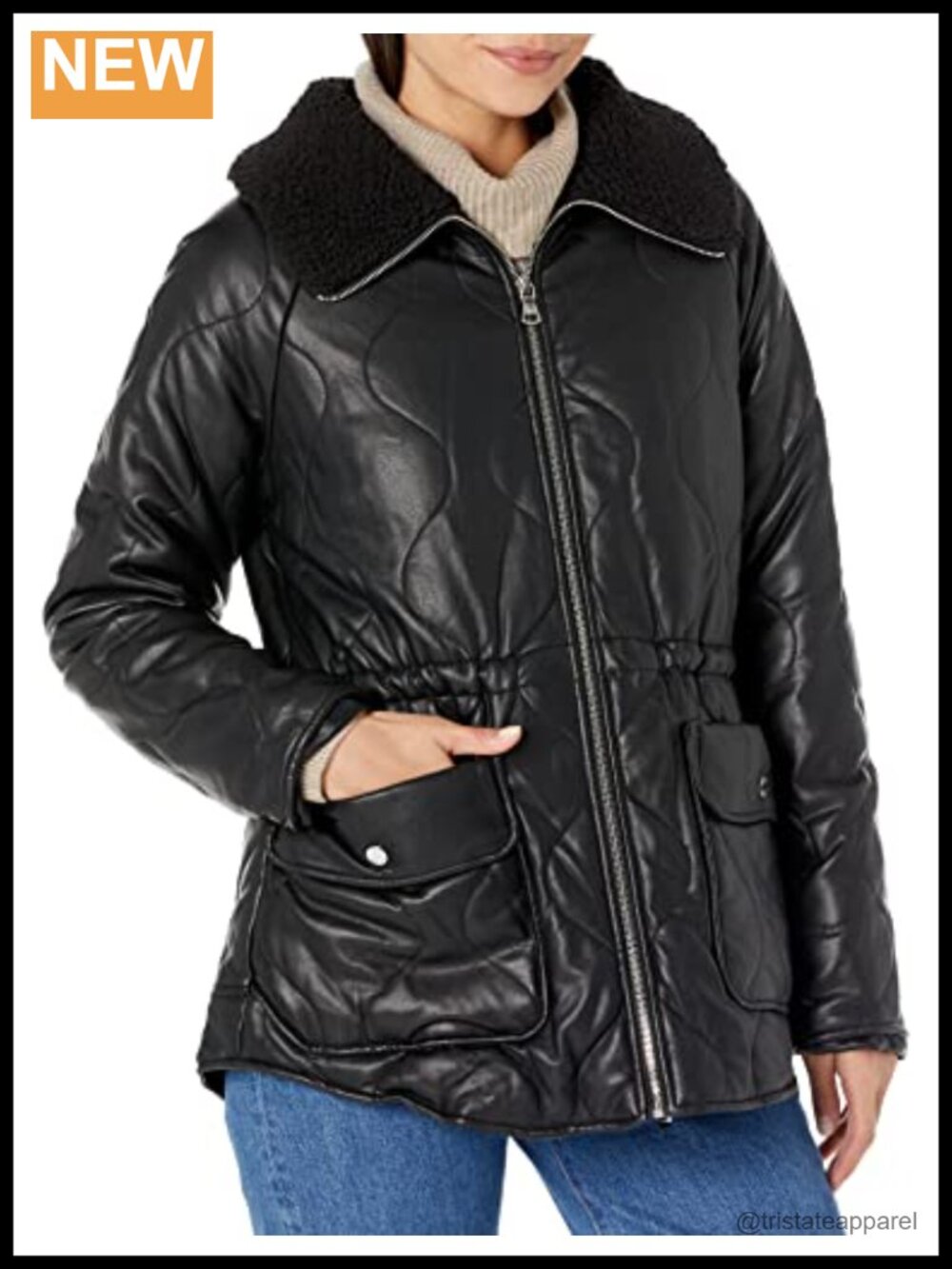 Women's Quilted Faux Fur Trim Anorak Jacket with Faux Leather